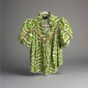 Gigi C Green & White Printed Puff Sleeve Blouse with Pink Piping
